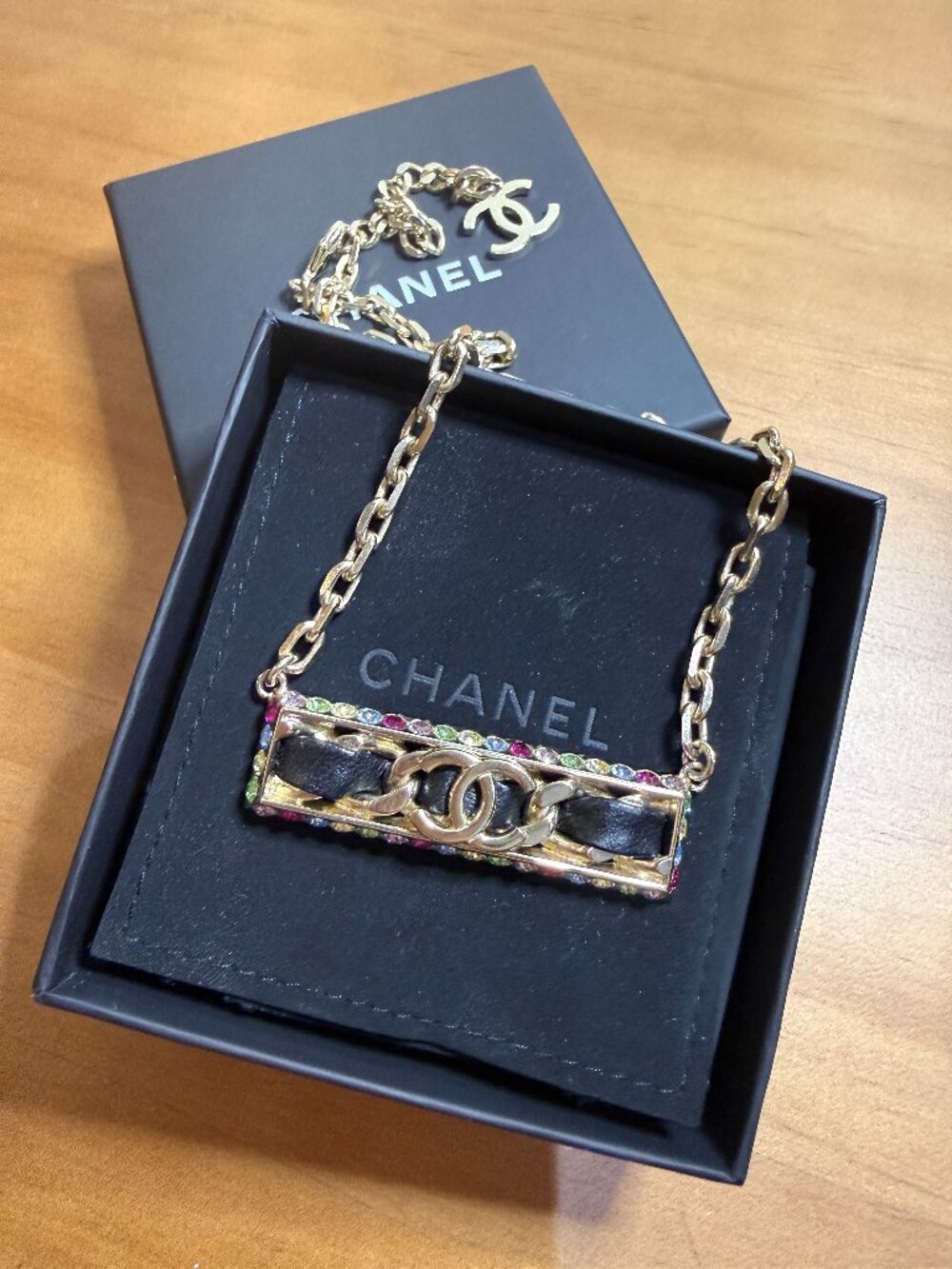 Chanel 21P Multicolor Strass CC Leather Plate Necklace